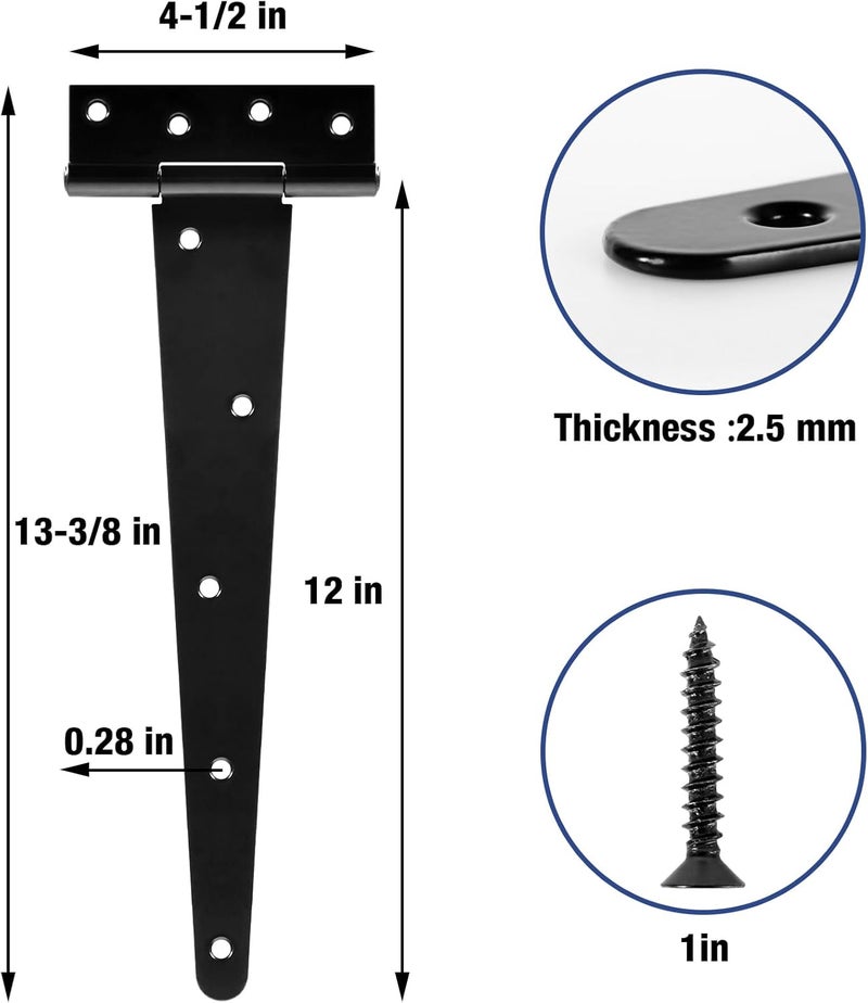TDCHINGES 12 Inch Heavy Duty T Strap Tee Hinge 6 Pack Barn Farm Fence Gate Door Hinges for Shed Doors Outdoor Kitchen Wood Cabinet Interior Exterior Window Bar Shop Matte Blake Door Hinge Hardware - Image 2